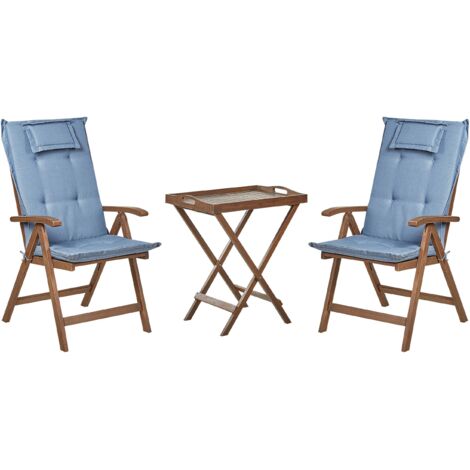 Bistro Set with Cushions Folding AMANTEA Acacia Wood Blue