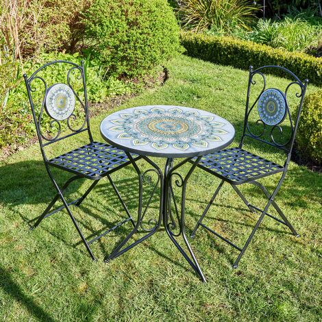 Bistro Table Set Blue Floral Mosaic Design 2 Chairs Outdoor Garden Furniture