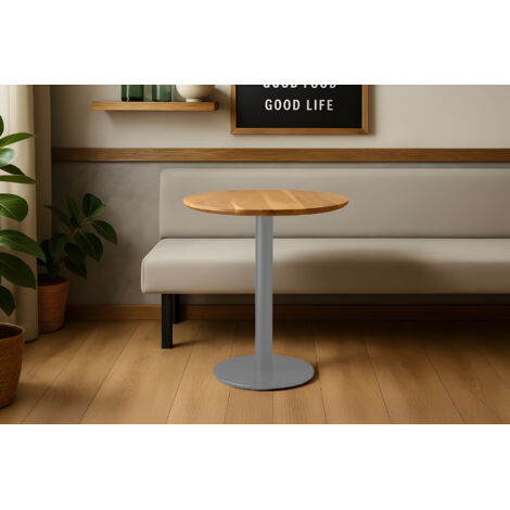 Bistrotisch Schweizer Kante massiv 60 cm Akazie naturfarben Säulengestell-rund silber BRASILIAN