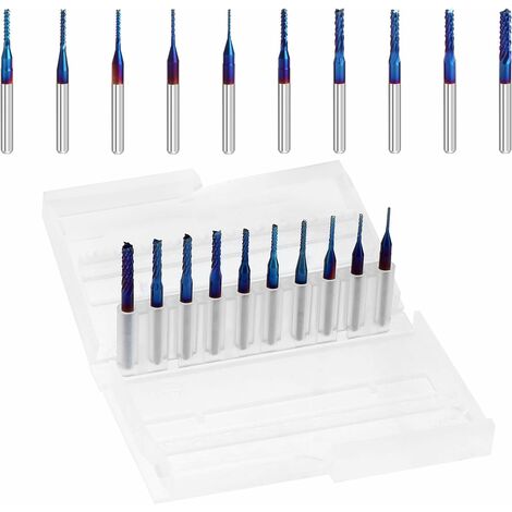 Bits de routeur CNC de fraise en bout Nano Blue Coat, tige de 1/8 pouces, paquet de 0,8 à 3,175 mm de 10 pour bois dur en fibre de carbone PCB SMT LITZEE