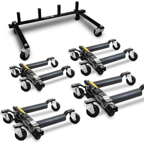 BITUXX 4 Stück PKW Rangierhilfe Rangierheber hydraulisch Wagenheber Auto Rangierroller Rangierheber belastbar bis 680 kg pro Rangierroller inklusive Transportständer (Schwarz)