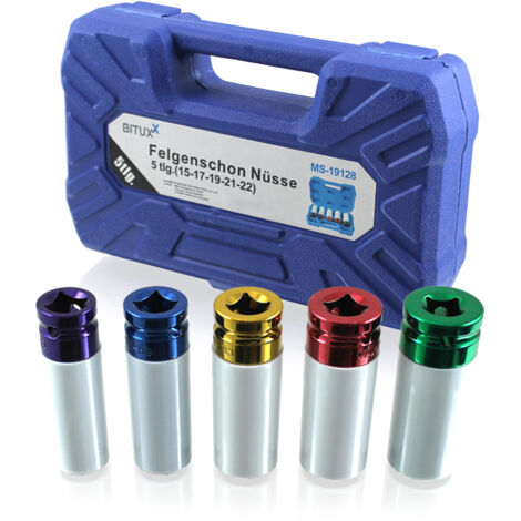 BITUXX 5 tlg Schlagnuss Felgenschon Set Steckschlüssel Nuss Kfz Radwechsel Pkw für Schlagschrauber oder Drehmomentschlüssel Aufnahme 1/2" (15mm / 17 mm / 19 mm / 21 mm / 22mm)