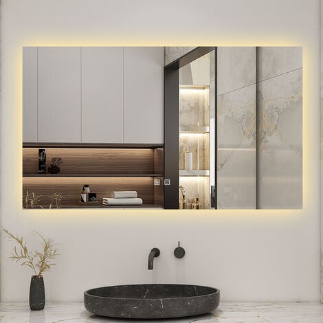 BIUBIUBATH 100x60cm LED Miroir de salle de bain rétro-éclairé sans cadre Tricolore + Anti-buée + Mémoire + Dimmable