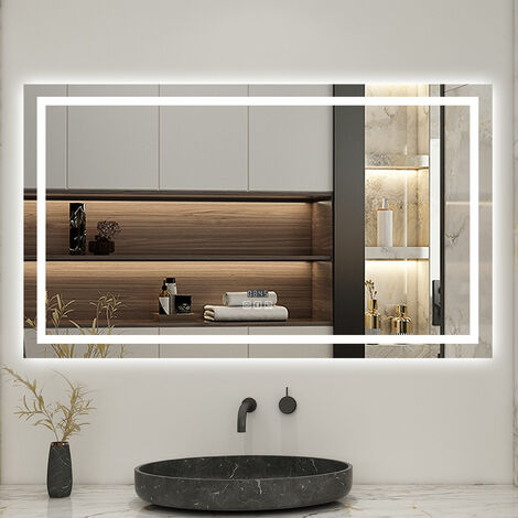 Biubiubath 100x60cm LED miroir de salle de bain tricolore anti-buée + bluetooth + horloge + mémoire + dimmable