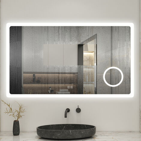 BIUBIUBATH 100x60cm Tricolor anti-buée LED miroir de salle de bain avec bluetooth et miroir grossissant 3x,mémoire et lumière gradation