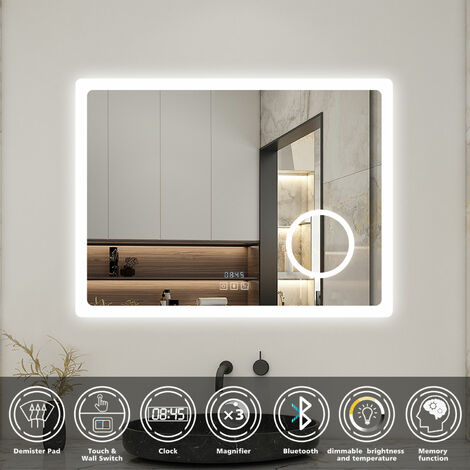 Biubiubath 1200x700mm Bluetooth Bathroom LED Mirror with Dimmable 3 Lights+Magnifier+Digital Clock