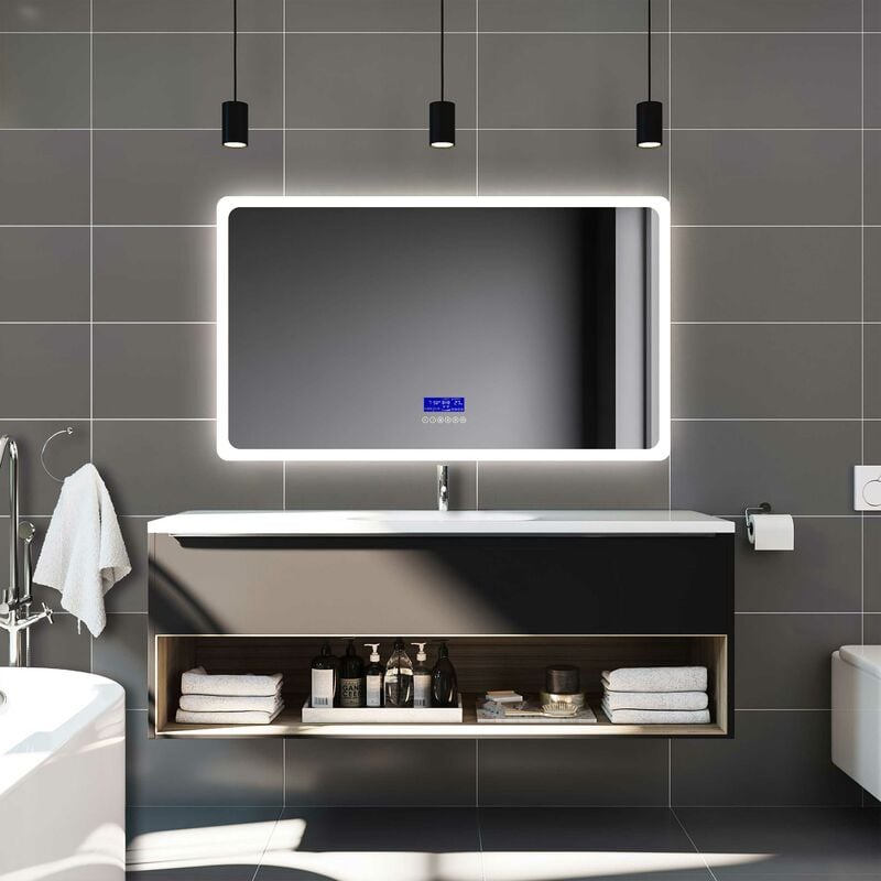 Biubiubath 70X50cm Miroir salle de bain anti-buée LED avec Bluetooth, Horloge, Date, Température avec 3 Couleurs