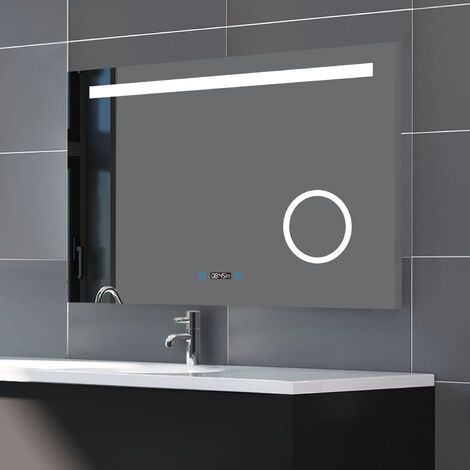 Biubiubath 140x80cm Miroir salle de bain anti-buée LED avec Horloge et Loupe 3X Horizontal