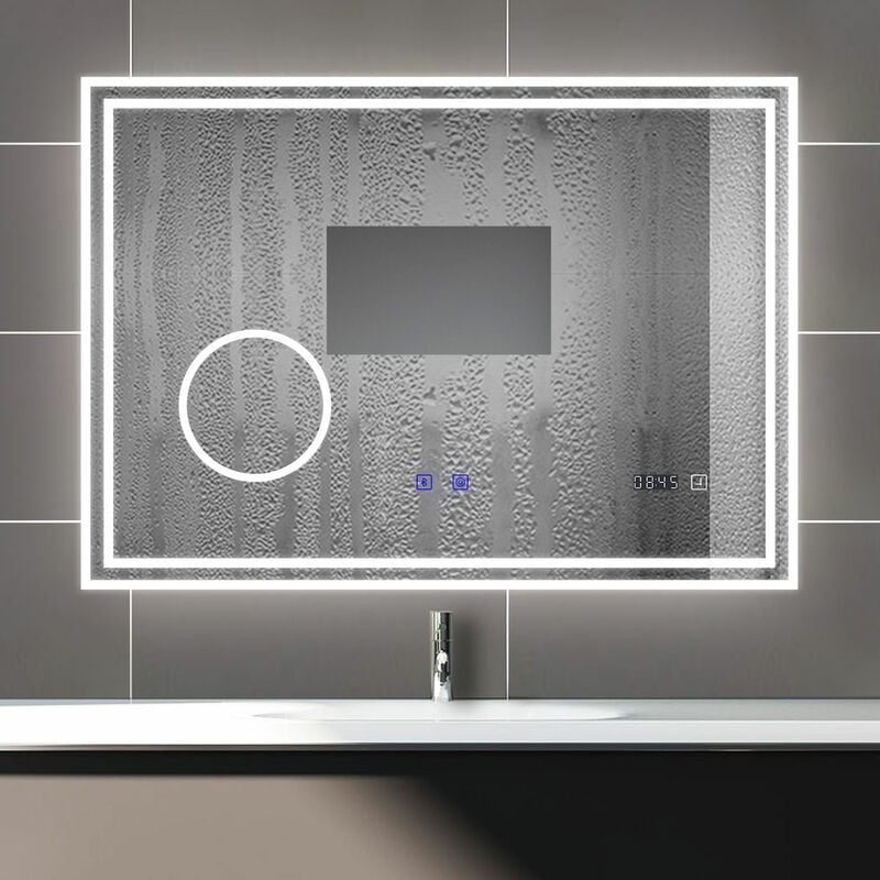 Biubiubath - 140x80cm Tricolor anti-buée led miroir de salle de bain avec bluetooth simple, horloge et miroir grossissant 3x