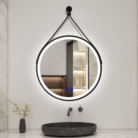 Biubiubath 60x60cm miroir salle de bain rond LED tricolore + anti-buée + dimmable + mémoire,avec ceinture en cuir amovible,noir