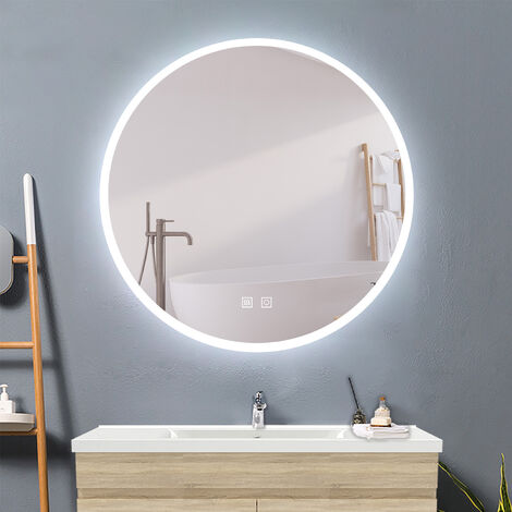 Biubiubath 80cm Round Illuminated Bathroom Mirror with 3 Color LED Lights, Dimmable, Warm Light, Natural Light And Cold White Light, Anti-fog, Touch Switch, IP44