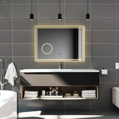 Biubiubath 80x60cm Tricolor anti-buée LED miroir de salle de bain avec bluetooth simple et miroir grossissant 3x