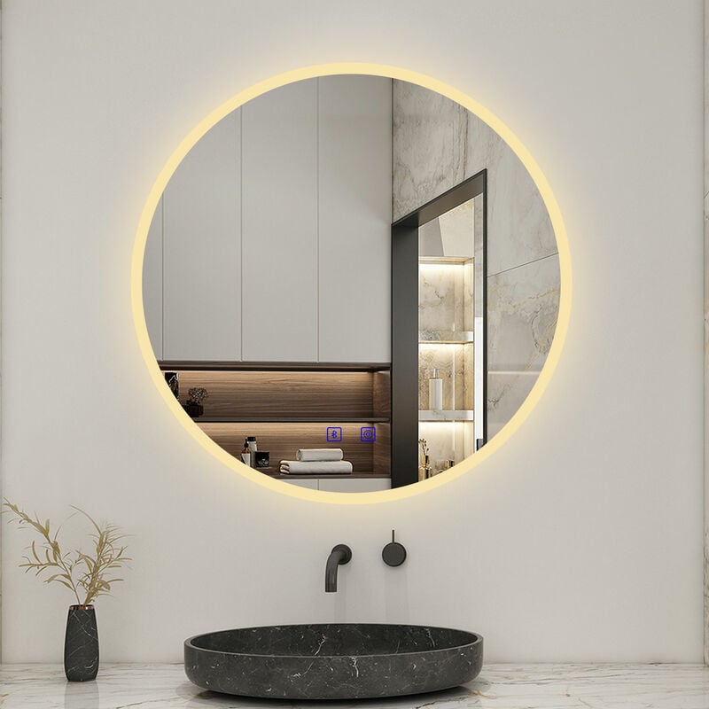 Biubiubath - 80x80cm Miroir Rond de Salle de Bain led Tricolore Anti-Buée avec Easy Bluetooth
