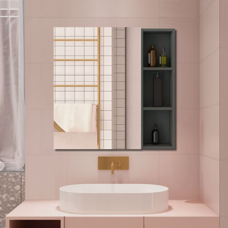 Biubiubath Armoire avec miroir de Salle de Bain Murale, 3 niveaux placard de rangement + 3 étagères latérales ouvertes(70x60x13 cm + 70x20x13 cm), 1 Porte sans LED, Anthracite