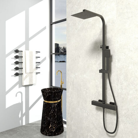Biubiubath Bathroom Exposed Thermostatic Shower Mixer Twin Head Square Rod Set Black Plated