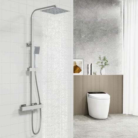Biubiubath Bathroom Square Chrome Thermostatic Mixer Shower Dual Head Rainfall Head Handset