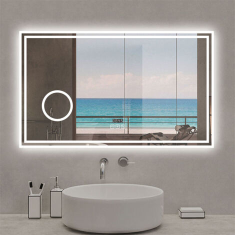 Biubiubath Bluetooth Bathroom LED Mirror with 3x Magnifier 1000x600mm Bathroom Mirror with  Digital Clock Demister Touch Sensor