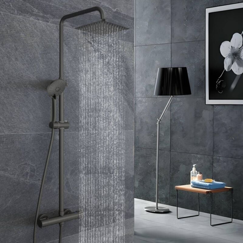 Colonne de douche chromée réglable en hauteur en noir mat, système de douche, douche à main ronde, douche de tête carrée - Biubiubath