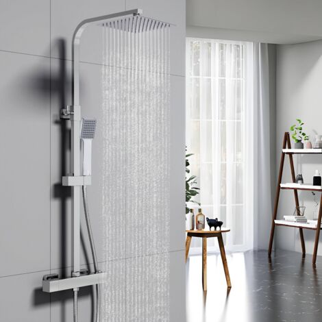 Biubiubath – Colonne de douche thermostatique 38°C – Pommeau carré 20x20cm – Hauteur réglable 76-118cm – Laiton et inox – Verrouillage sécurité