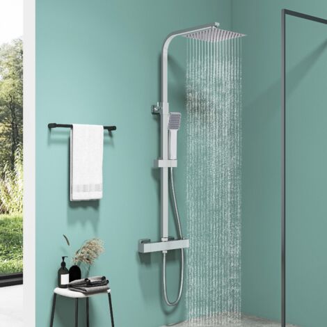 Biubiubath – Colonne de douche thermostatique carrée en laiton chromé – Douche à effet pluie 200mm – Système anti-brûlure – Rails réglables 730-1150mm