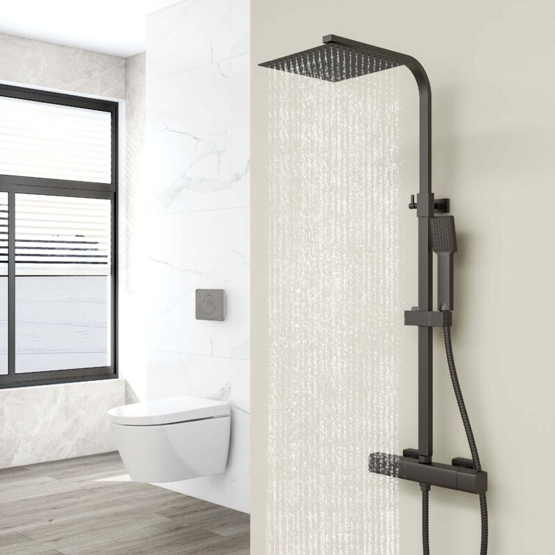 Biubiubath - Colonne de douche thermostatique noire, carrée, réglable en hauteur, avec grande pomme, de tête de 250 mm