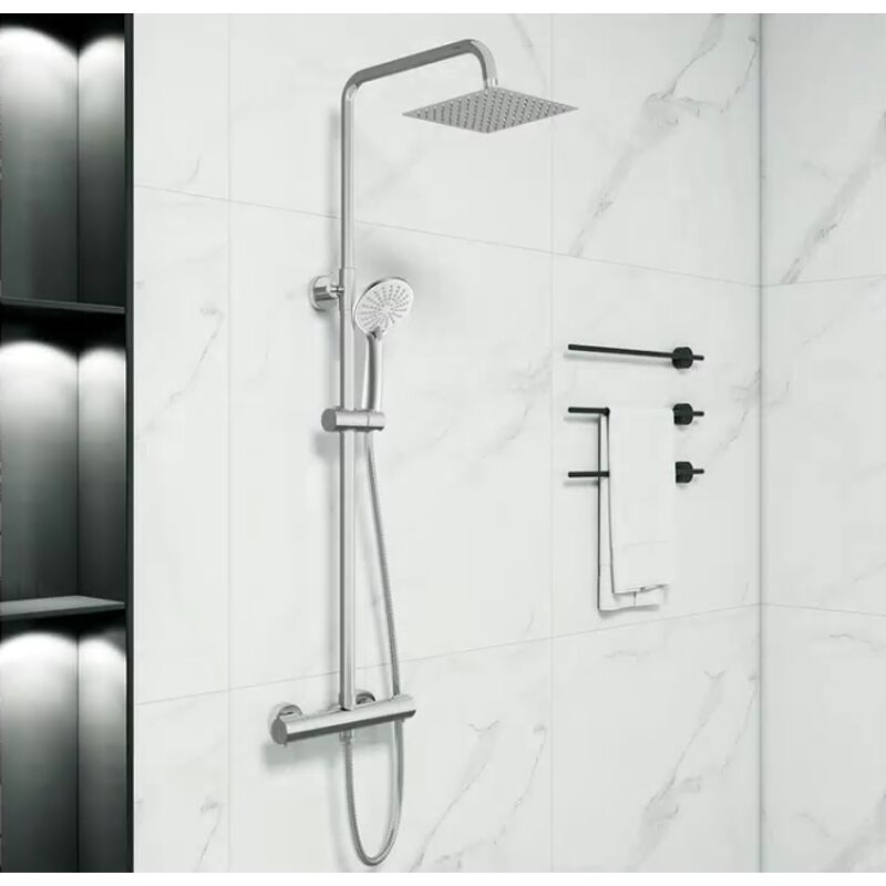 Colonne de douche thermostatique chromée, réglable en hauteur, douche de tête carrée + douchette ronde pour salles de bains modernes - Biubiubath