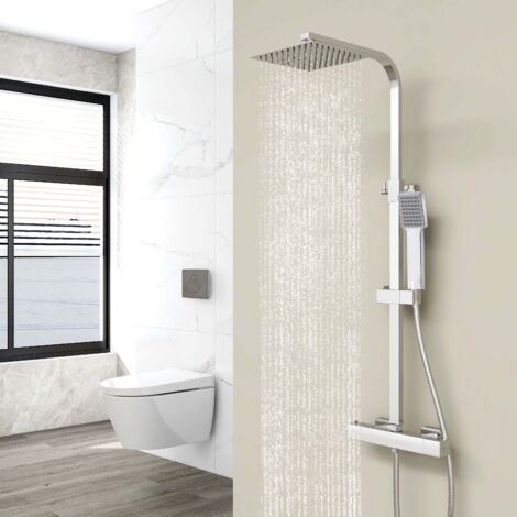 Biubiubath Colonne de douche thermostatique chromée, Set de douche carré en acier inoxydable, réglable en hauteur, pour salles de bains modernes