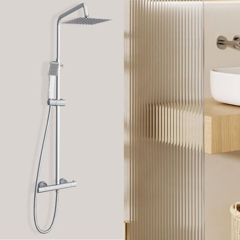 Biubiubath Colonne de douche thermostatique Ensemble de douche carré chromé Système de douche hybride en laiton Ajustable