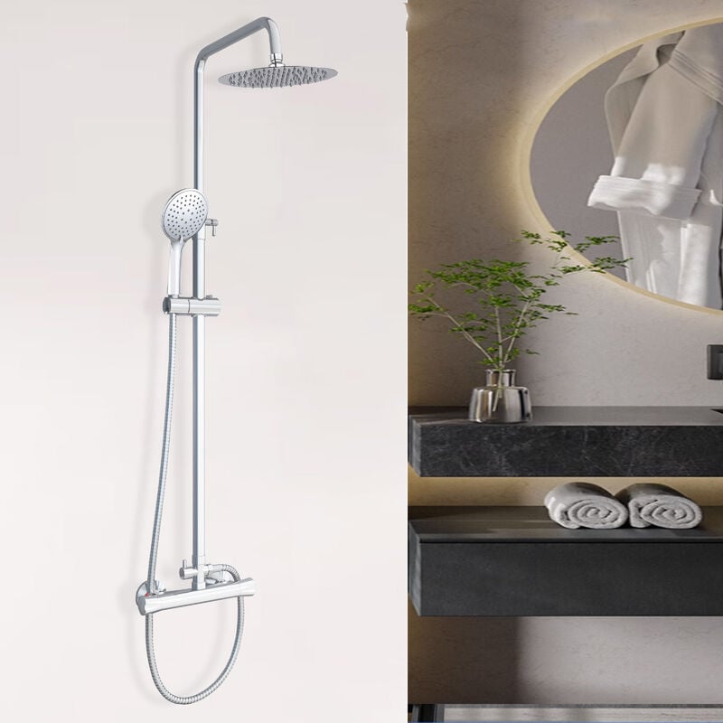 Colonne de douche thermostatique ensemble de douche pommeau de douche rond mince système de douche corps en laiton hauteur réglable - Biubiubath