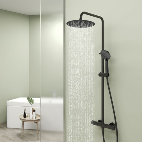 Biubiubath Colonne de douche thermostatique- Ensemble de douche ronde en laiton- Set de douche avec douchette 3 modes- Noir