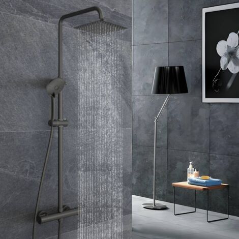 Biubiubath colonne de douche thermostatique noir mat, système de douche avec douchette 3 jets, hauteur réglable