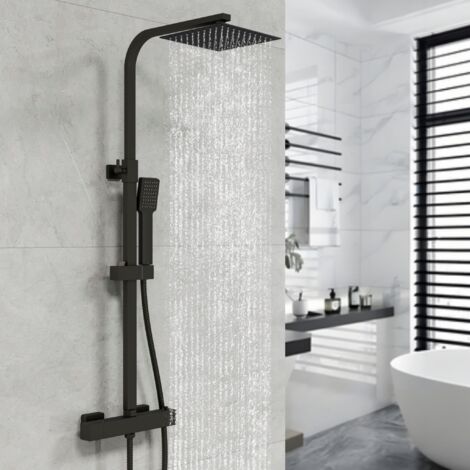 Biubiubath – Colonne de douche thermostatique noire – Ensemble réglable 730-1150 mm – Pommeau carré 8 pouces – Mitigeur en laiton massif