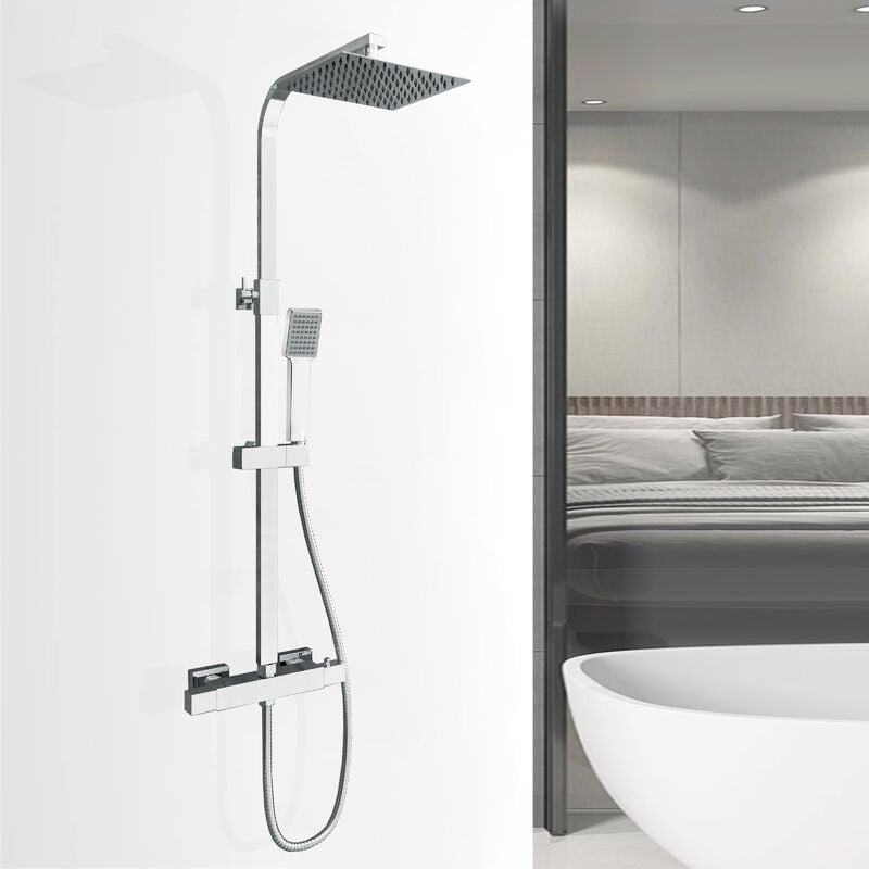 Colonne De Douche Thermostatique De Salle De Bains Réglable Anti-brûlure Toucher Froid, Set De Douche Système De Douche, Carré Chrome - Biubiubath