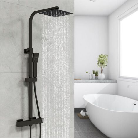 Biubiubath – Colonne de douche thermostatique – Système en acier inoxydable noir – Pommeau carré 200x200mm – Hauteur réglable 730-1150mm – Douchette à main 1/2'