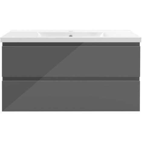 Biubiubath Ensemble de meubles de salle de bain 100 cm avec vasque suspendu 2 portes, Brillance, Anthracite