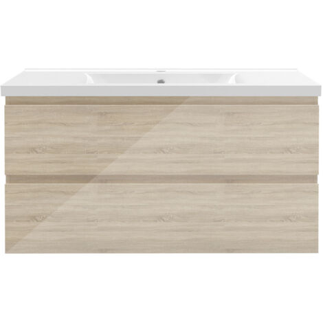 Biubiubath Ensemble de meubles de salle de bain 100 cm avec vasque suspendu 2 portes, Brillance, Chêne