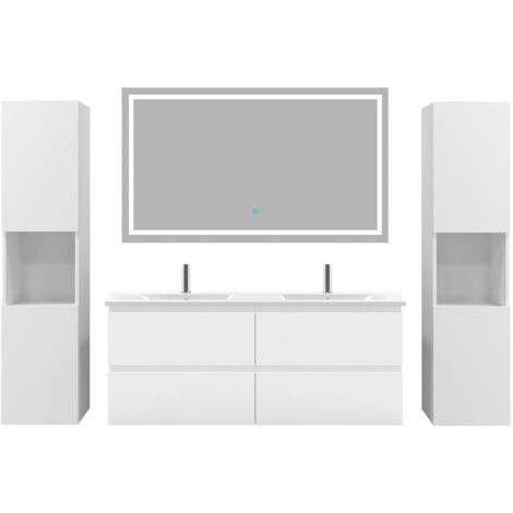 Biubiubath Ensemble de meubles de salle de bain 120cm avec vasque céramique + deux meubles hauts + miroir lumineux,Suspendu,Matte,Blanc