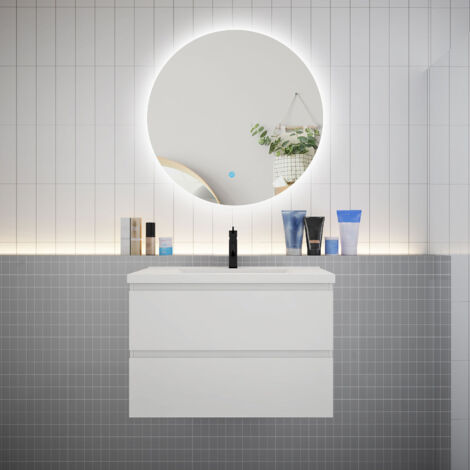 Biubiubath – Ensemble de meubles de salle de bain 3 pièces – Meuble sous vasque 80cm avec 2 tiroirs – Miroir LED anti-buée – MDF blanc