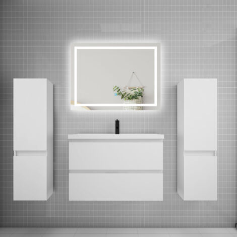 Biubiubath – Ensemble de meubles de salle de bain 80cm – Vasque avec colonne – Miroir LED anti-buée 80x60cm – Montage facile avec notice