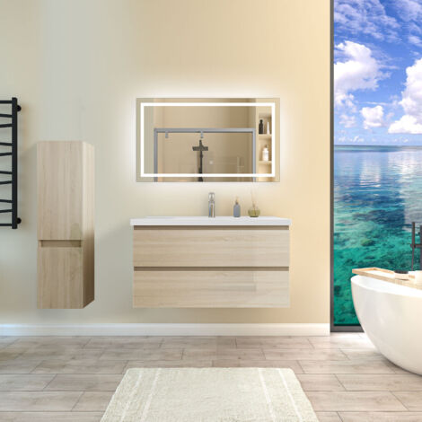 Biubiubath – Ensemble de meubles de salle de bain chêne 100cm – Vasque céramique, colonne 110cm, miroir lumineux 100x60cm – Températures 3000K/4500K/6000K
