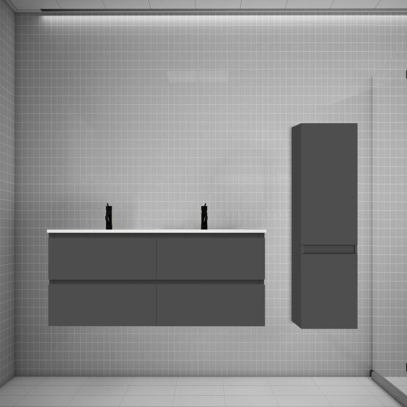 Biubiubath - Ensemble meuble double vasque L.120cm anthracite 4 tiroirs + lavabo + colonne easy