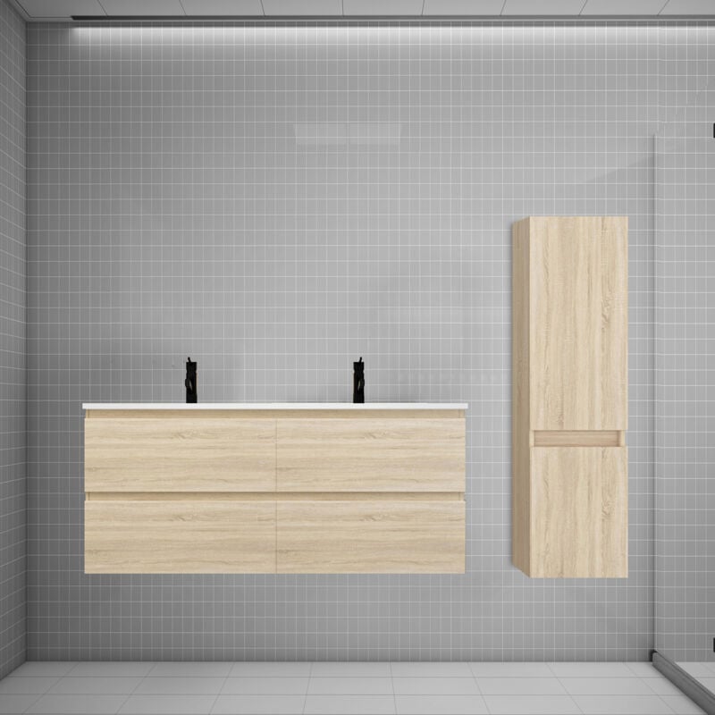 Biubiubath - Ensemble meuble double vasque L.120cm chêne 4 tiroirs + lavabo + colonne easy