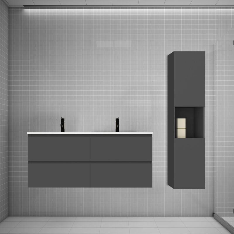 Biubiubath - Ensemble meuble double vasque L.120cm anthracite 4 tiroirs + lavabo + colonne