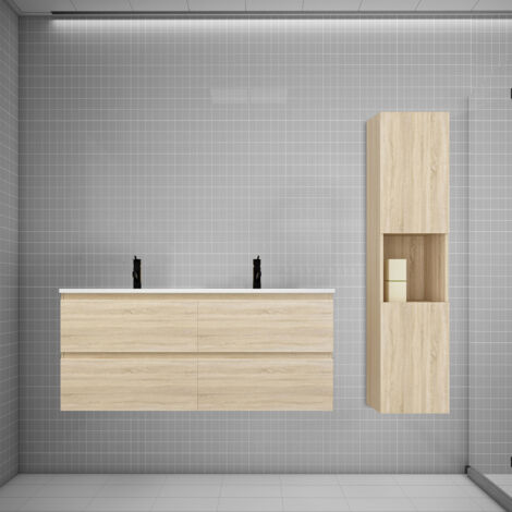 Biubiubath Ensemble meuble double vasque L.120cm chêne 4 tiroirs + lavabo + colonne