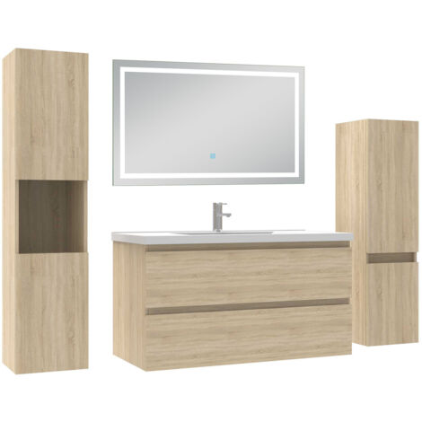 Biubiubath Ensemble meuble Salle de Bain 100cm avec Colonne et Miroir Lumineux Tricolore, Chêne Naturel