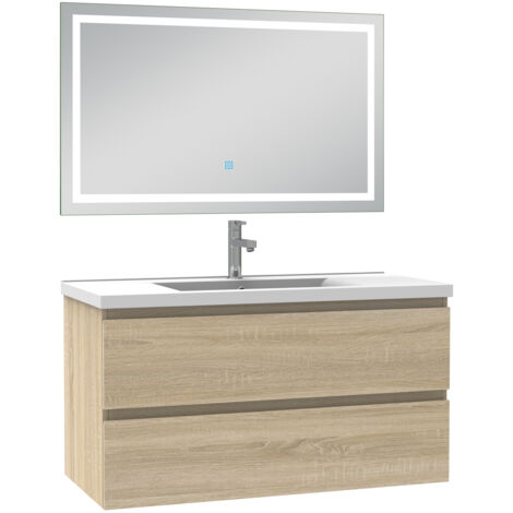 Biubiubath Ensemble meuble Salle de Bain 100cm Chêne Naturel simple Vasque, avec Miroir Lumineux 3 Couleurs + Dimmable