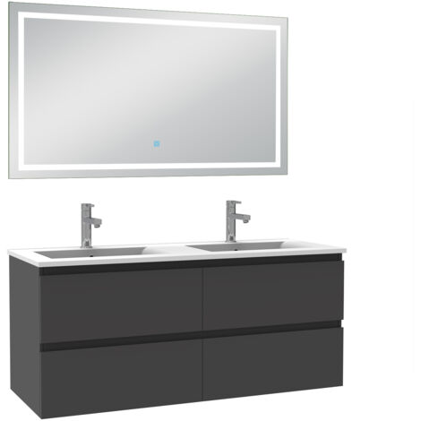 Biubiubath Ensemble meuble Salle de Bain 120cm Anthracite double Vasque, avec Miroir Lumineux 3 Couleurs + Dimmable