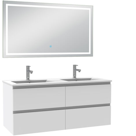 Biubiubath Ensemble meuble Salle de Bain 120cm Blanc double Vasque, avec Miroir Lumineux 3 Couleurs + Dimmable