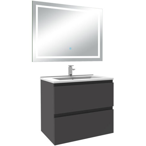 Biubiubath Ensemble meuble Salle de Bain 60cm Anthracite simple Vasque, avec Miroir Lumineux 3 Couleurs + Dimmable