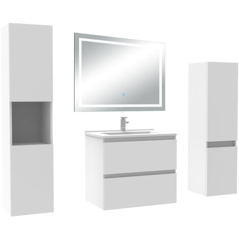 Biubiubath Ensemble meuble Salle de Bain 60cm avec Colonne et Miroir Lumineux Tricolore, Blanc